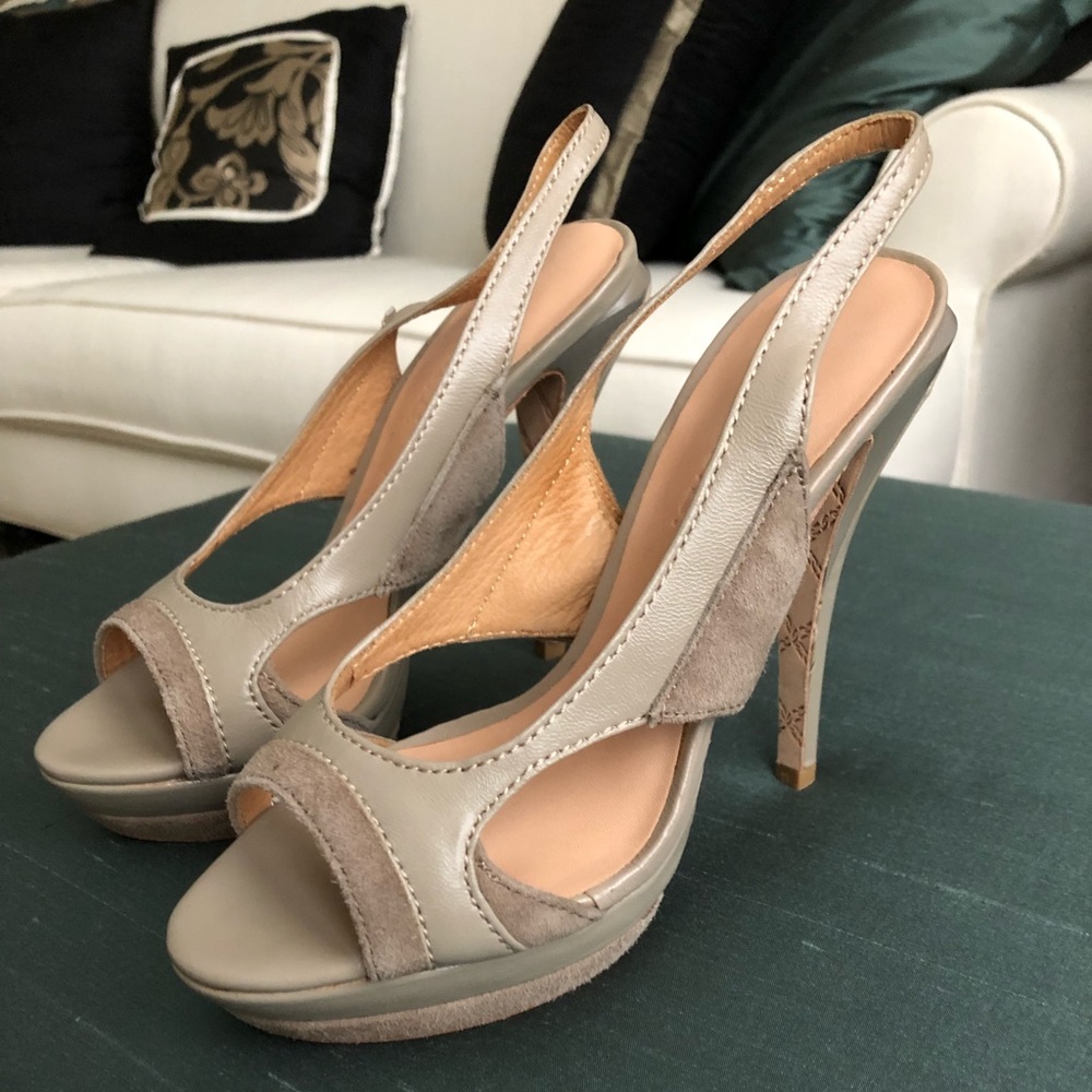 New L.A.M.B. Sand Leather/Suede Slingback Heels